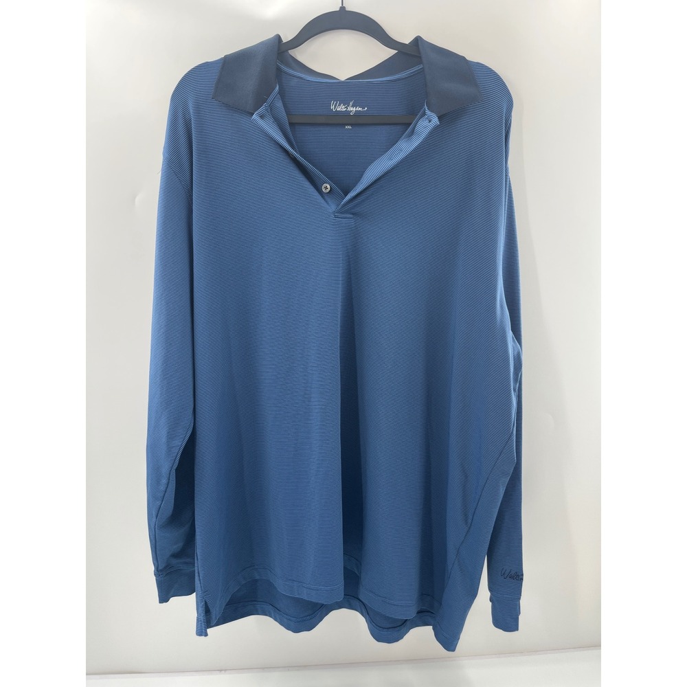 Walter Hagen Mens XXL Blue Micro Stripe Hydro-Dri Long Sleeve Golf Polo Shirt